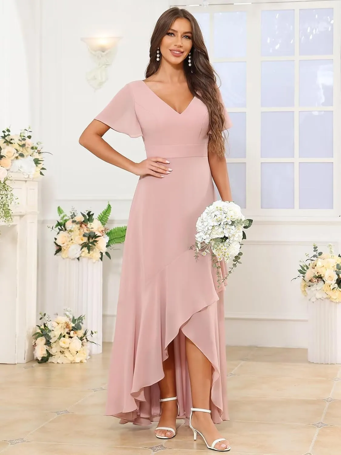 Women's V Neck Bridesmaid Dresses with Sleeves High Low Ruffle Hem Prom Formal Dress Chiffon Wedding Party Gown