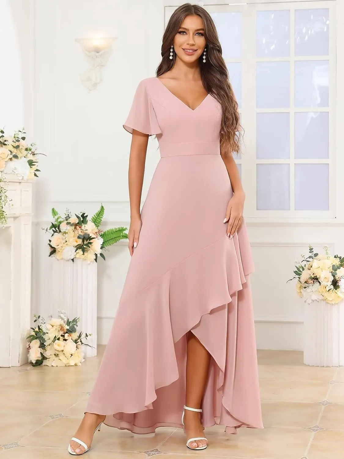 Women's V Neck Bridesmaid Dresses with Sleeves High Low Ruffle Hem Prom Formal Dress Chiffon Wedding Party Gown