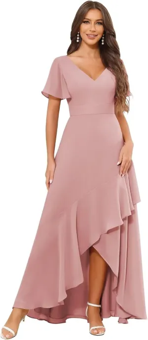 Women's V Neck Bridesmaid Dresses with Sleeves High Low Ruffle Hem Prom Formal Dress Chiffon Wedding Party Gown
