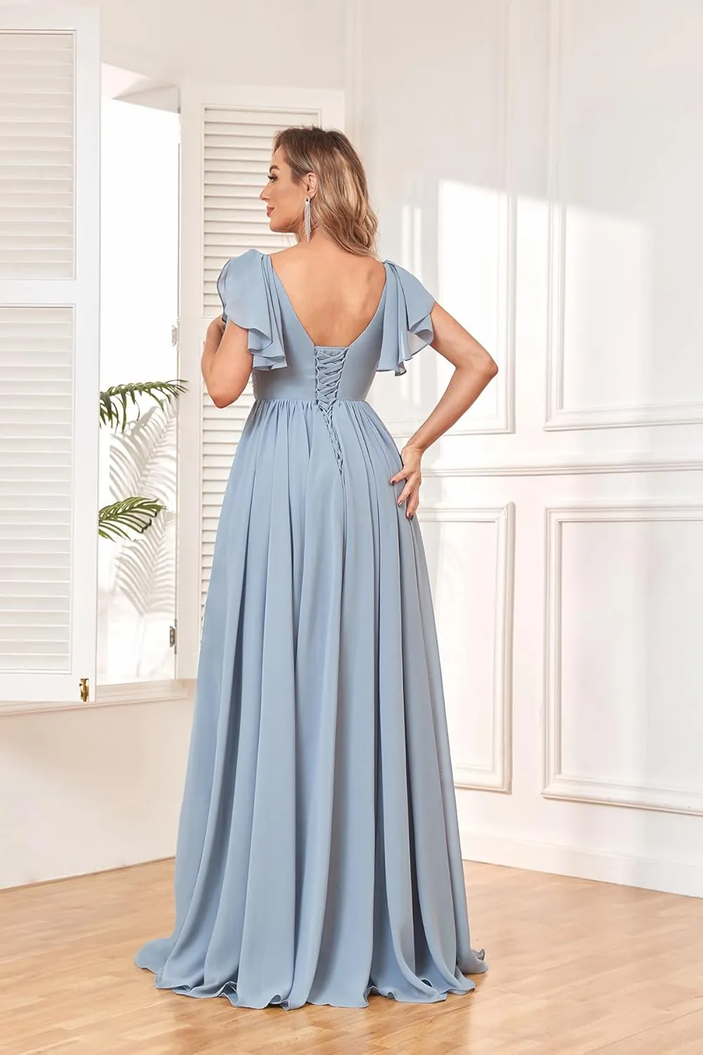 Women's V Neck Bridesmaid Dresses with Slit Short Sleeve Pleated Long Chiffon Formal Evening Dresses