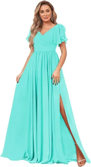 Women's V Neck Bridesmaid Dresses with Slit Short Sleeve Pleated Long Chiffon Formal Evening Dresses