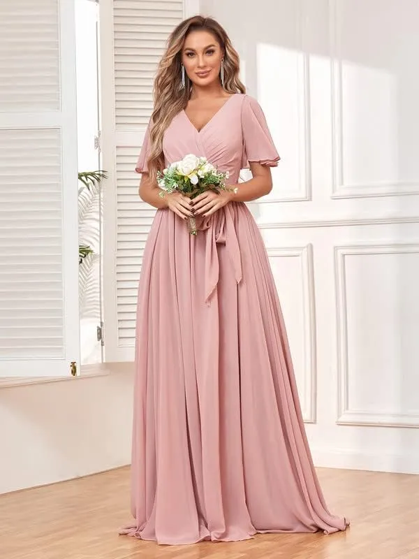 Women's V Neck Flutter Sleeve Bridesmaid Dresses for Wedding Long Chiffon Evening Formal Dress with Pockets
