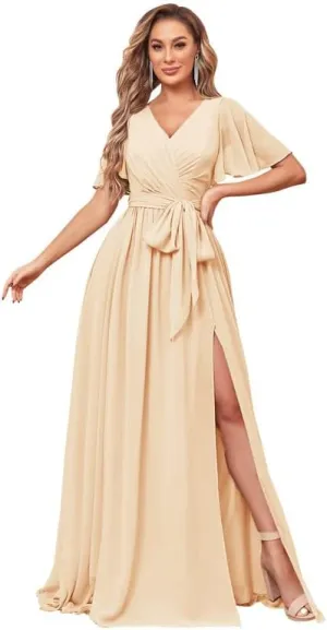 Women's V Neck Flutter Sleeve Bridesmaid Dresses for Wedding Long Chiffon Evening Formal Dress with Pockets