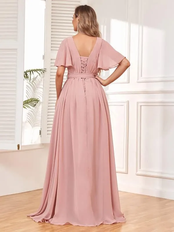 Women's V Neck Flutter Sleeve Bridesmaid Dresses for Wedding Long Chiffon Evening Formal Dress with Pockets