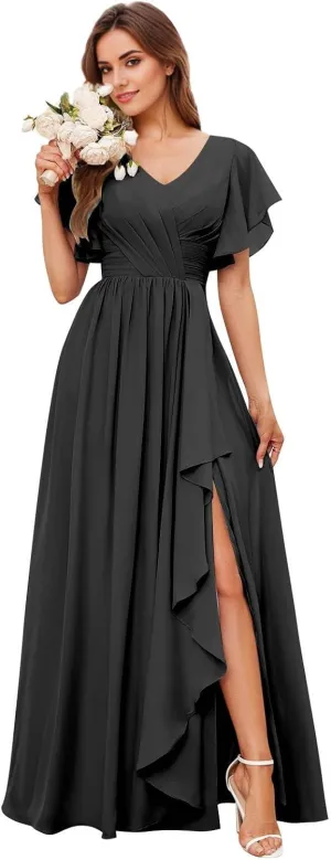 Women's V-Neck Flutter Sleeves Bridesmaid Dress Long Ruffled Chiffon Formal Evening Gowns with Slit