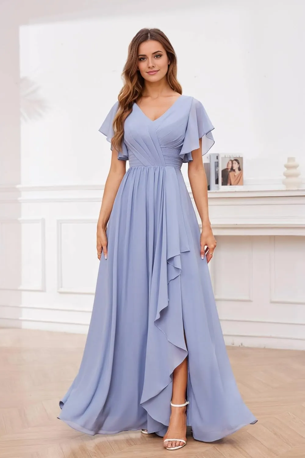 Women's V-Neck Flutter Sleeves Bridesmaid Dress Long Ruffled Chiffon Formal Evening Gowns with Slit