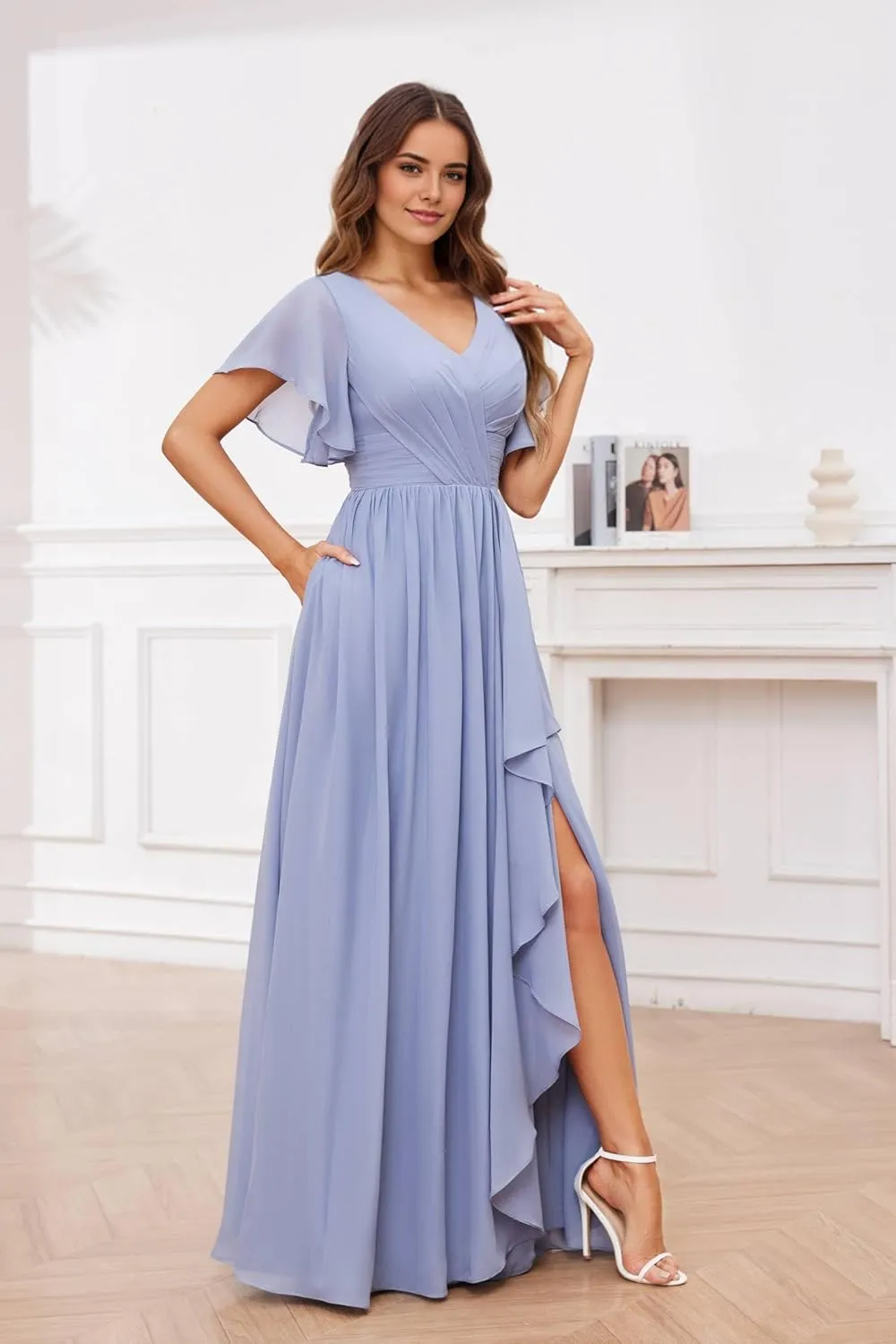 Women's V-Neck Flutter Sleeves Bridesmaid Dress Long Ruffled Chiffon Formal Evening Gowns with Slit
