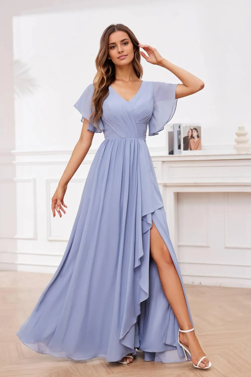 Women's V-Neck Flutter Sleeves Bridesmaid Dress Long Ruffled Chiffon Formal Evening Gowns with Slit