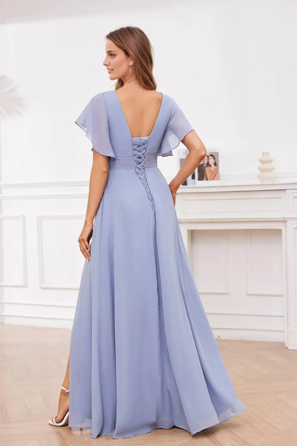 Women's V-Neck Flutter Sleeves Bridesmaid Dress Long Ruffled Chiffon Formal Evening Gowns with Slit