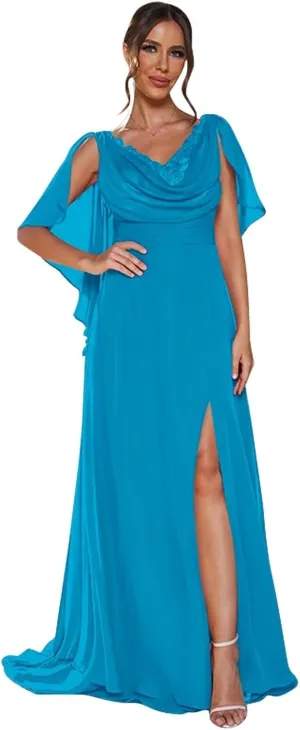Women's V Neck Mother of The Bride Dresses Long for Wedding Lace Chiffon Bridesmaid Dress with Slit