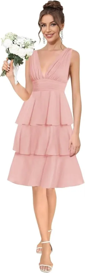 Women's V Neck Tiered Bridesmaid Dresses 2025 for Wedding Short Chiffon Formal Evening Dress PU273