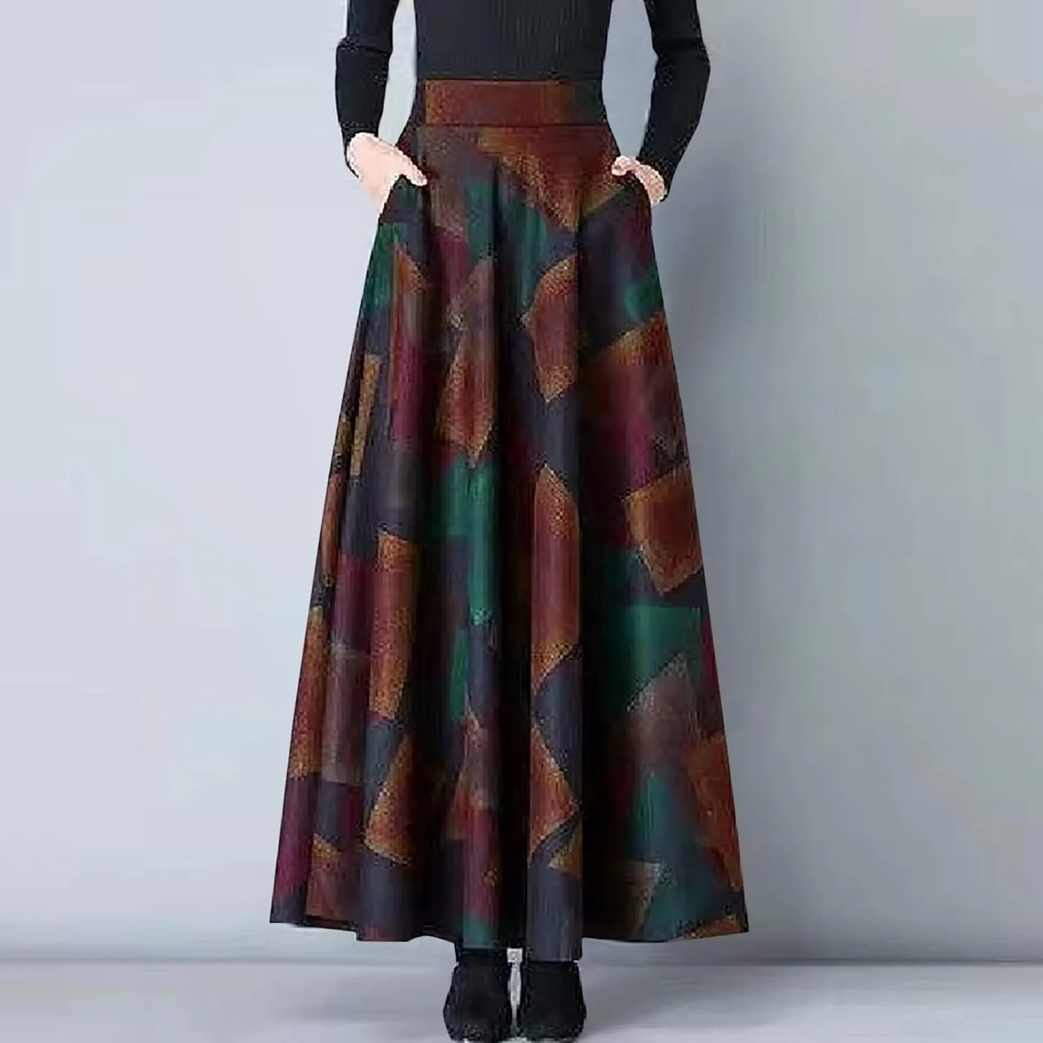 Women's Vintage A-Line Maxi Skirt Ankle Length High Waist Pleated Skirt Wool Blend Floral Print Swing Flared Skirts