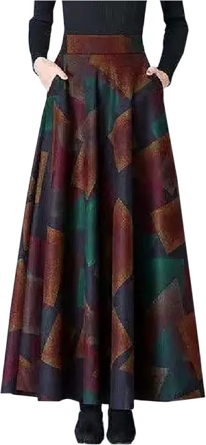 Women's Vintage A-Line Maxi Skirt Ankle Length High Waist Pleated Skirt Wool Blend Floral Print Swing Flared Skirts