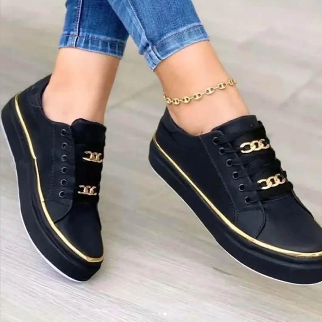 Women's White Low-Top Trainers with Gold Detail