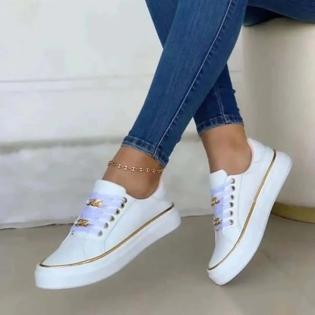 Women's White Low-Top Trainers with Gold Detail