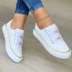 Women's White Low-Top Trainers with Gold Detail