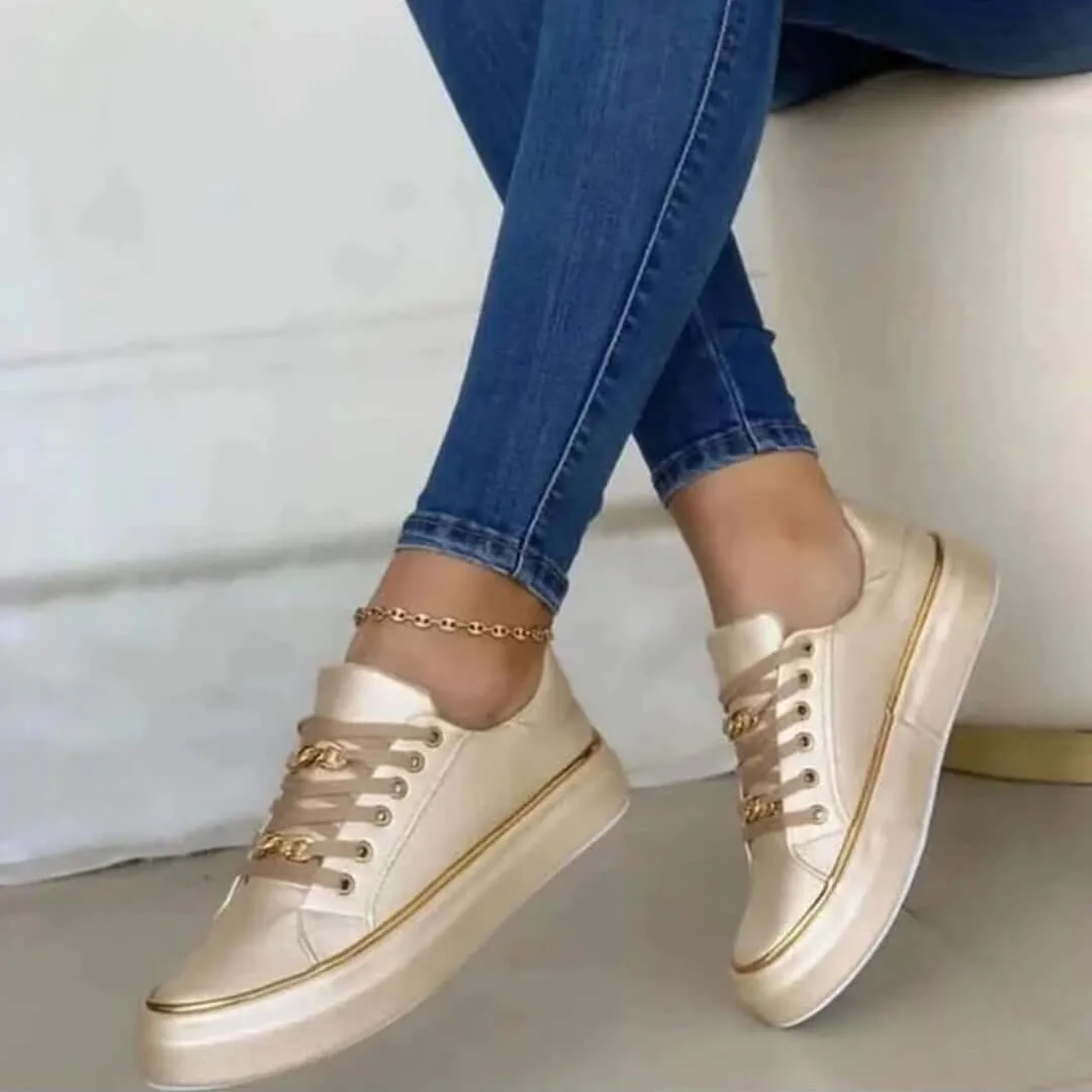 Women's White Low-Top Trainers with Gold Detail