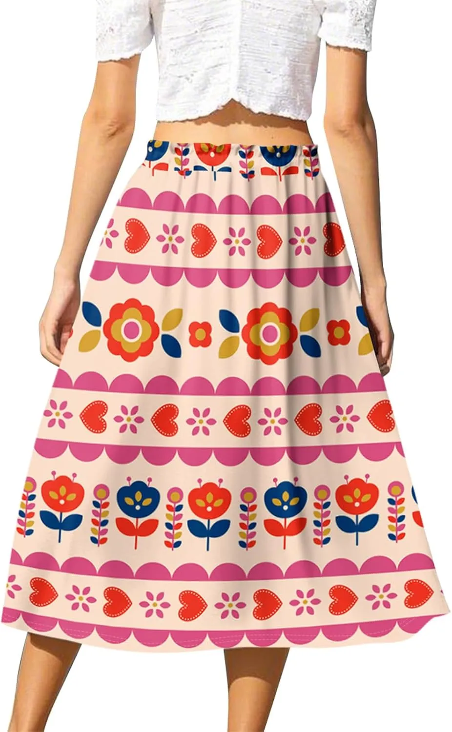 Womens Work Skirts Summer Drawstring Elastic Waist Midi Skirt Work A Line Floral Print Smocked Knee Length Skirts