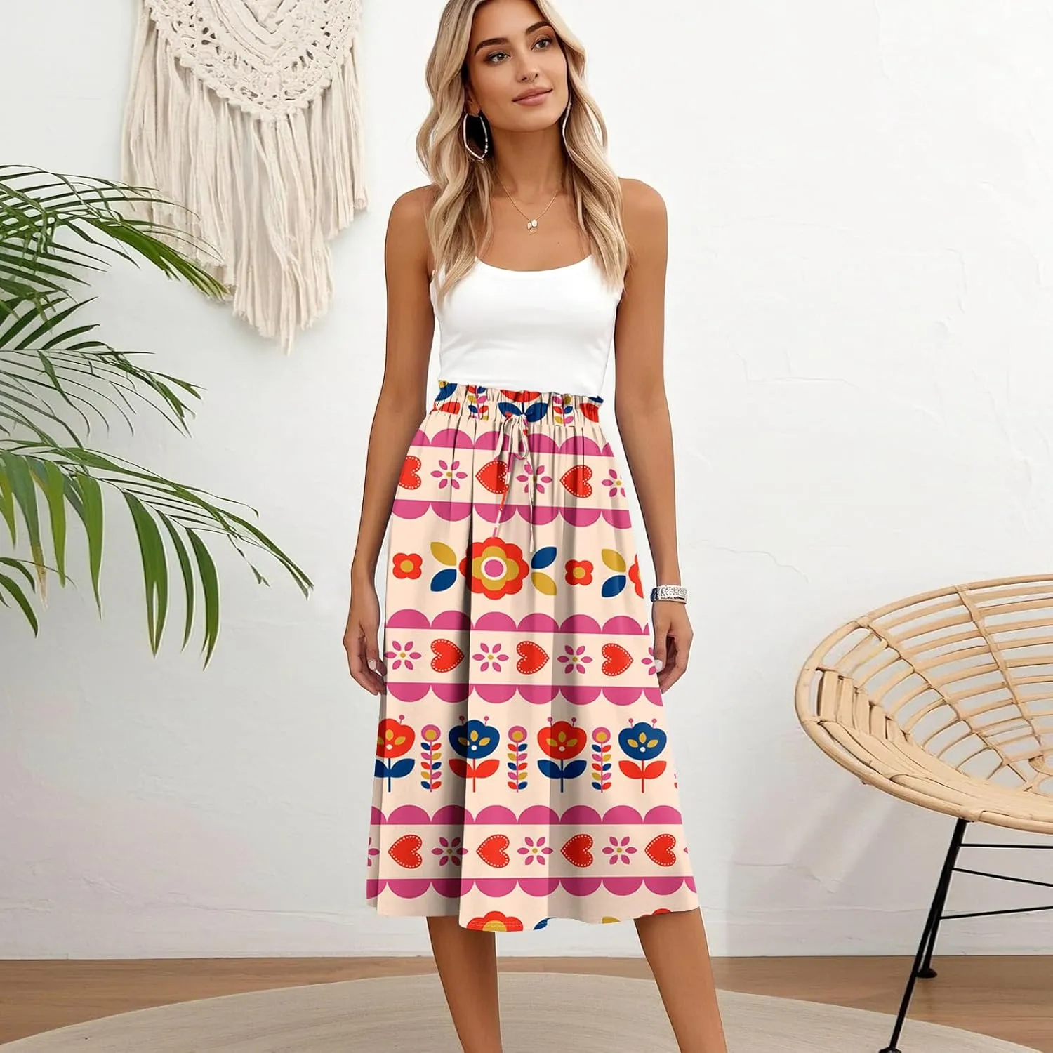Womens Work Skirts Summer Drawstring Elastic Waist Midi Skirt Work A Line Floral Print Smocked Knee Length Skirts