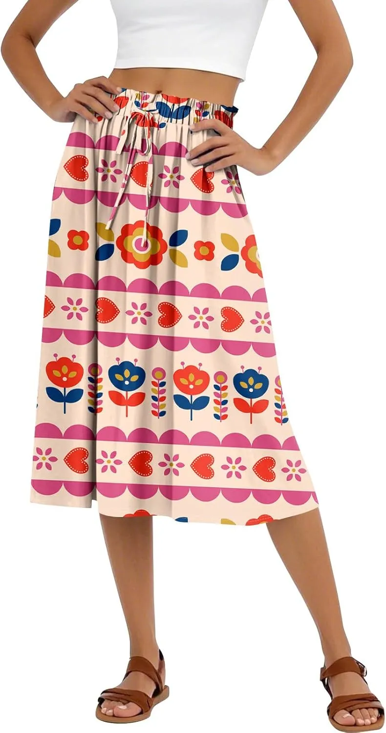 Womens Work Skirts Summer Drawstring Elastic Waist Midi Skirt Work A Line Floral Print Smocked Knee Length Skirts