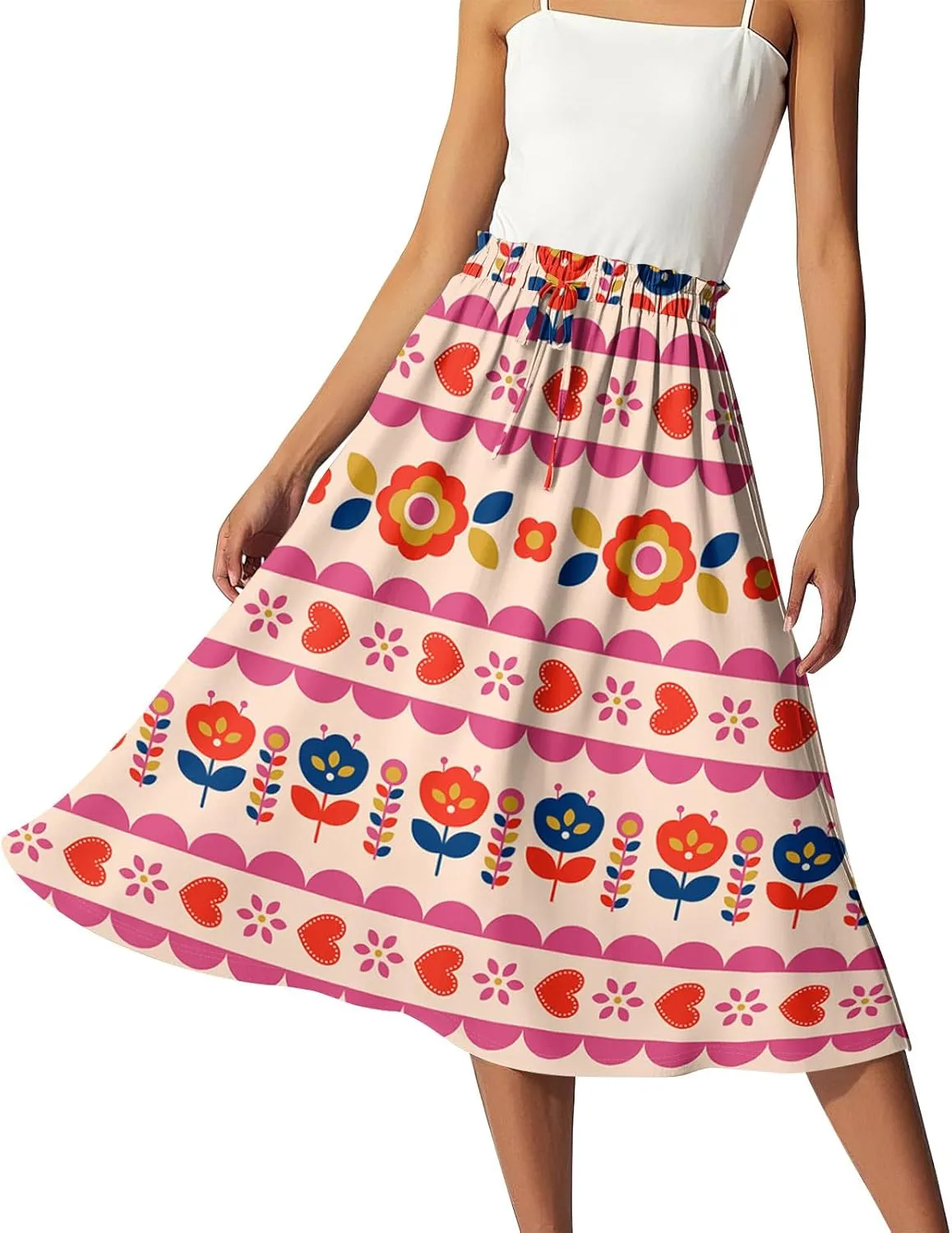 Womens Work Skirts Summer Drawstring Elastic Waist Midi Skirt Work A Line Floral Print Smocked Knee Length Skirts