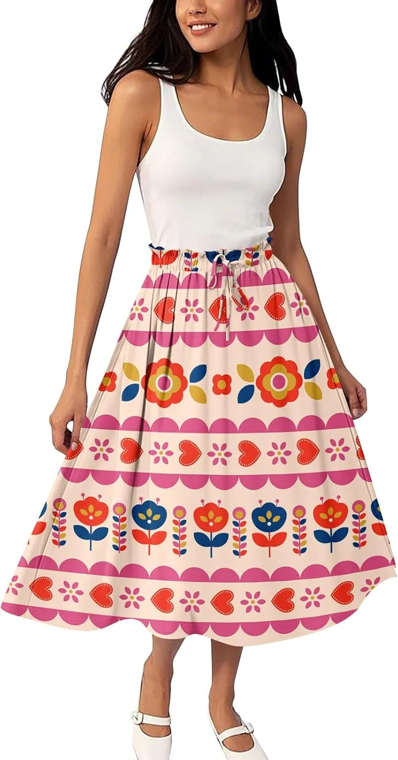 Womens Work Skirts Summer Drawstring Elastic Waist Midi Skirt Work A Line Floral Print Smocked Knee Length Skirts
