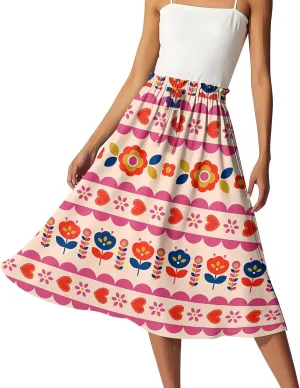Womens Work Skirts Summer Drawstring Elastic Waist Midi Skirt Work A Line Floral Print Smocked Knee Length Skirts