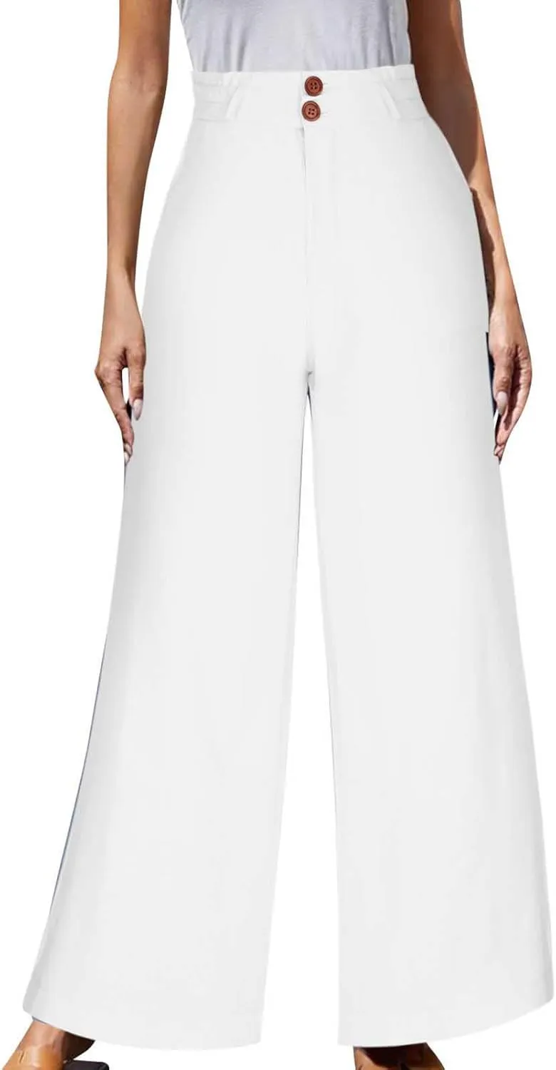 Work Pants for Women 2024 Trendy Vintage Button High Waist Wide Leg Casual Loose Fits Business Trousers with Pockets
