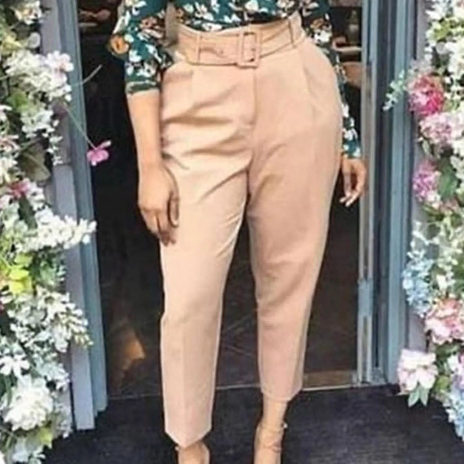 Work Pants for Women Office High Waist Comfy Cropped Business Casual Pockets Slim Fit Trousers with Belt
