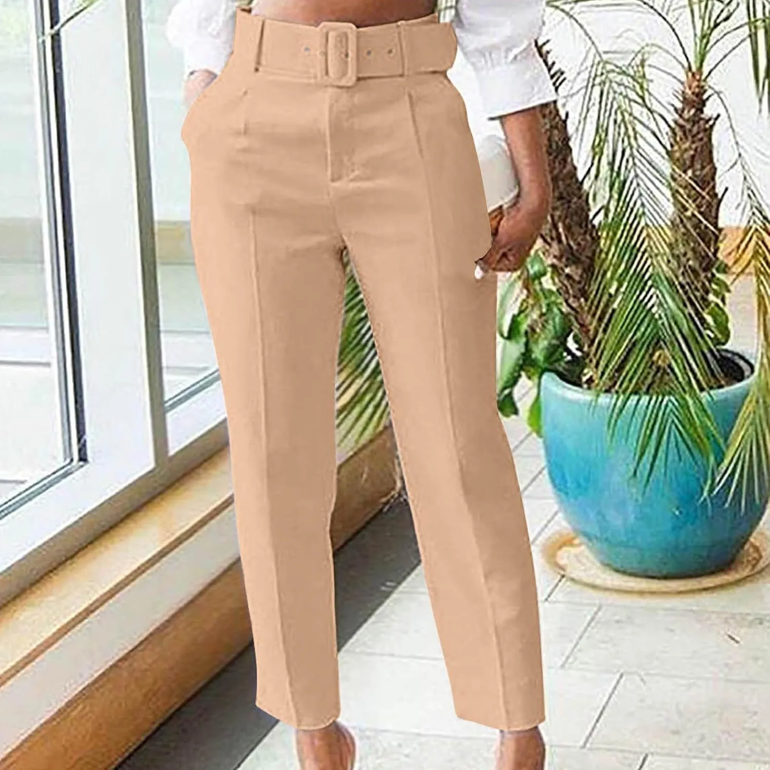 Work Pants for Women Office High Waist Comfy Cropped Business Casual Pockets Slim Fit Trousers with Belt