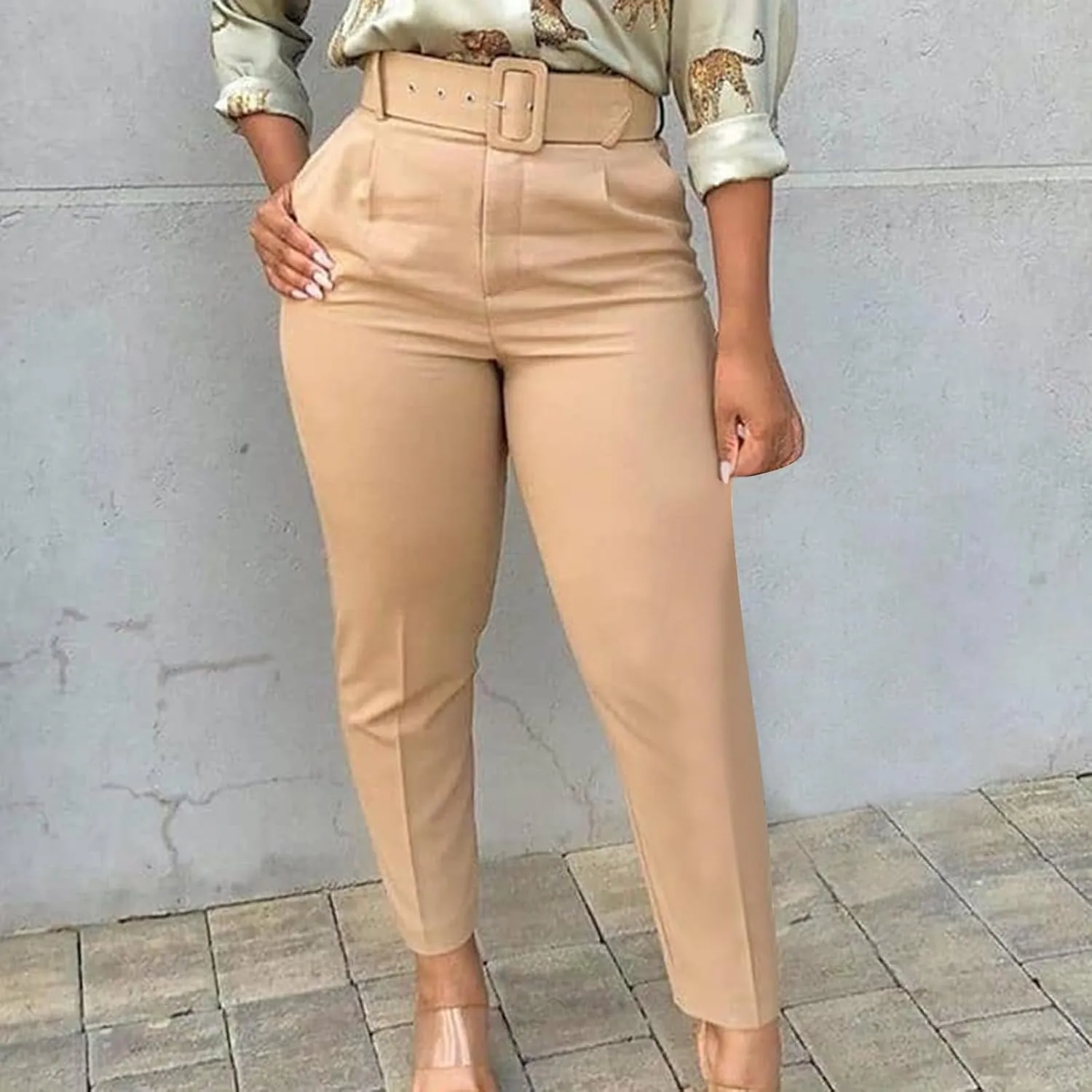 Work Pants for Women Office High Waist Comfy Cropped Business Casual Pockets Slim Fit Trousers with Belt