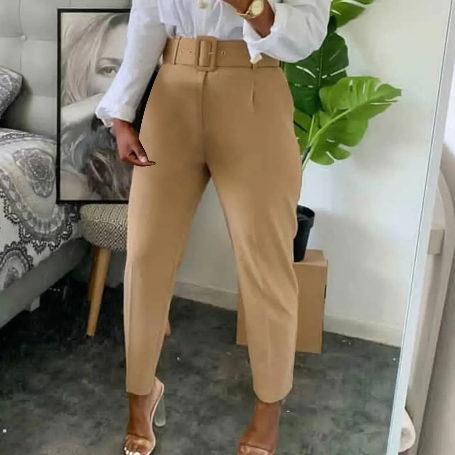 Work Pants for Women Office High Waist Comfy Cropped Business Casual Pockets Slim Fit Trousers with Belt