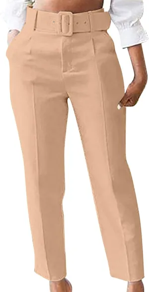 Work Pants for Women Office High Waist Comfy Cropped Business Casual Pockets Slim Fit Trousers with Belt