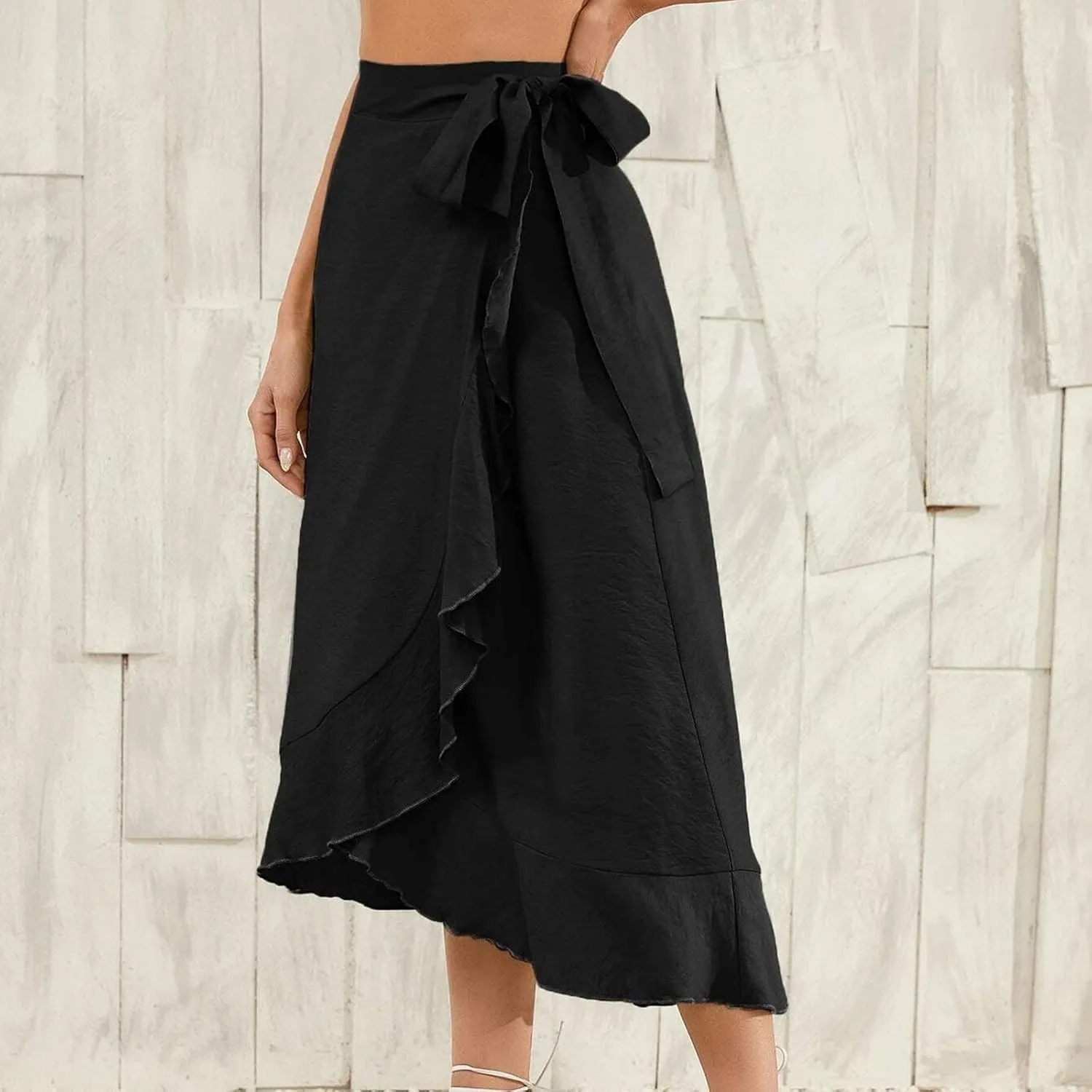Wrap Skirts for Women Sexy Elegant Ruffle Asymmetrical Hem Maxi Skirts Summer Causal Solid Office Work Party Skirt