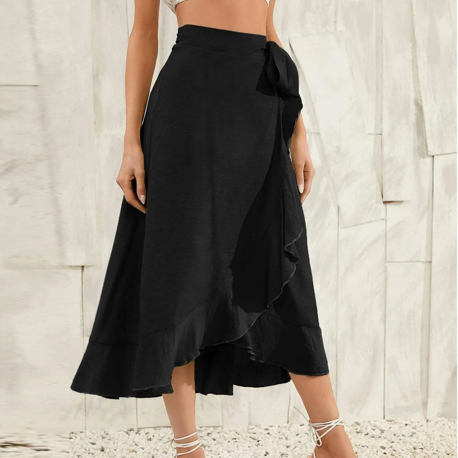 Wrap Skirts for Women Sexy Elegant Ruffle Asymmetrical Hem Maxi Skirts Summer Causal Solid Office Work Party Skirt