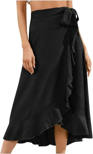 Wrap Skirts for Women Sexy Elegant Ruffle Asymmetrical Hem Maxi Skirts Summer Causal Solid Office Work Party Skirt