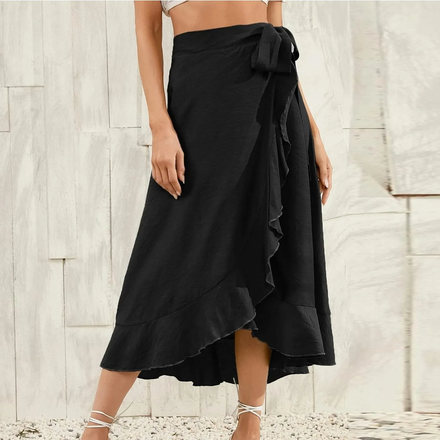 Wrap Skirts for Women Sexy Elegant Ruffle Asymmetrical Hem Maxi Skirts Summer Causal Solid Office Work Party Skirt