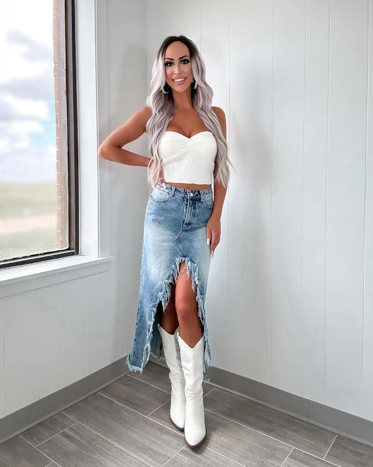 Wuitrie Jean Skirts for Women Denim Summer High Waisted Irregular Tassels Midi Skirt with Pockets Jean Skirt Cowgirl Skirt
