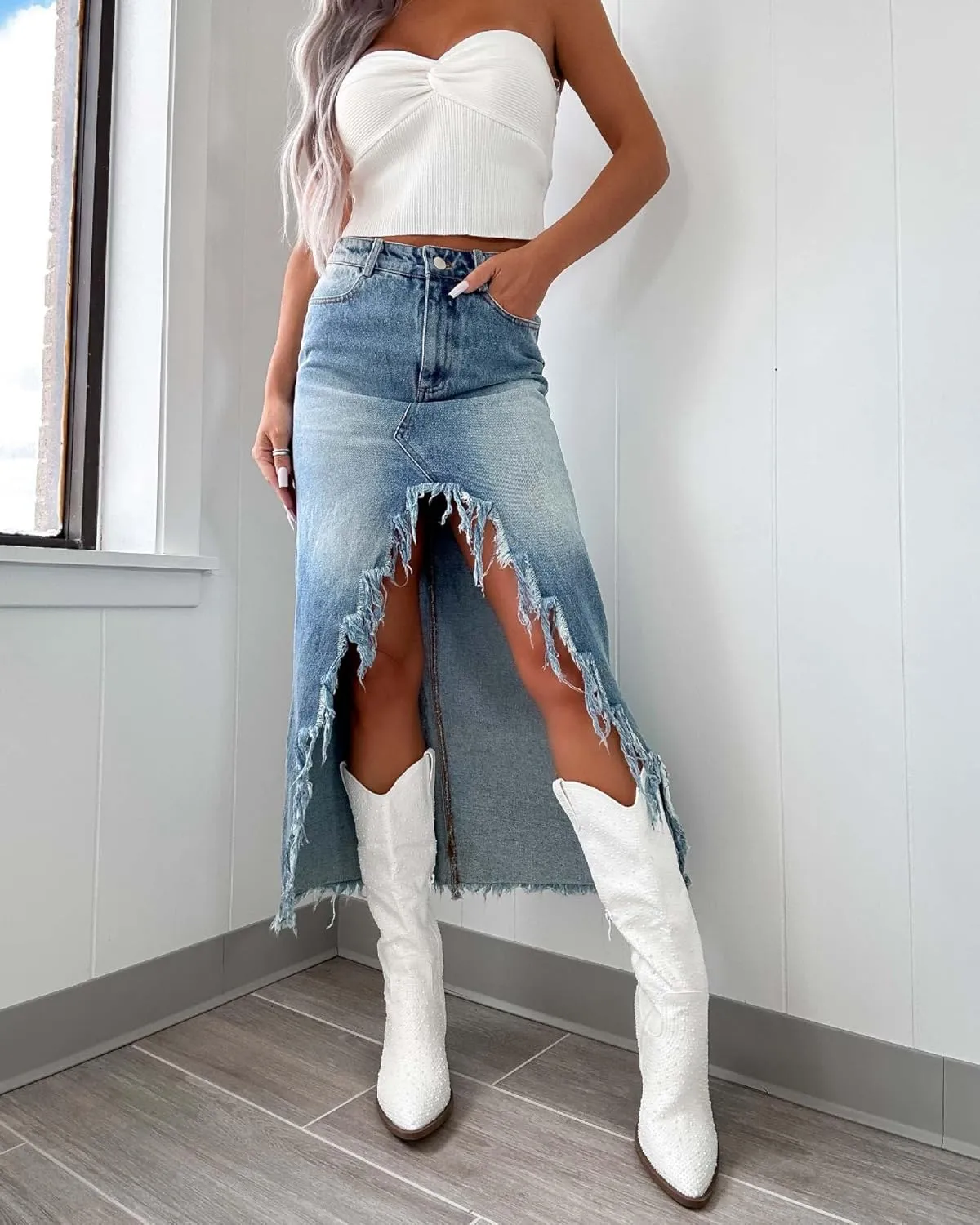 Wuitrie Jean Skirts for Women Denim Summer High Waisted Irregular Tassels Midi Skirt with Pockets Jean Skirt Cowgirl Skirt