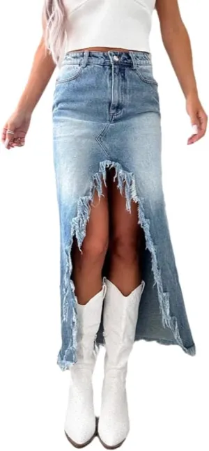 Wuitrie Jean Skirts for Women Denim Summer High Waisted Irregular Tassels Midi Skirt with Pockets Jean Skirt Cowgirl Skirt