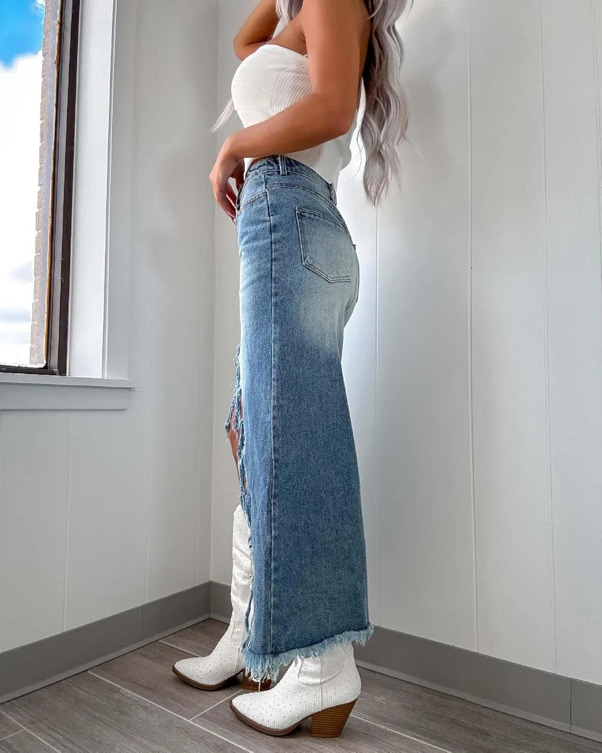 Wuitrie Jean Skirts for Women Denim Summer High Waisted Irregular Tassels Midi Skirt with Pockets Jean Skirt Cowgirl Skirt