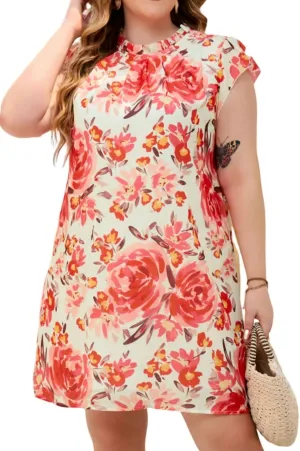 XAKALAKA Women's Summer Plus Size Frilled Neck Ruffle Sleeveless Floral Dress Daily Casual Round Neck Mini Dress