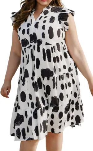 XAKALAKA Women's Summer Plus Size Polka Dot Print Ruffled Sleeve Pocketed Midi Dress Daily Casual V Neck Mini Dress