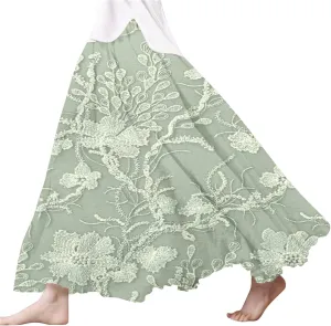 XOWRTE Women's Boho Casual Skirts Summer 2025 Lace Embroidery Elastic Waist Flowy Tiered A-Line Beach Maxi Skirt Swing Cute