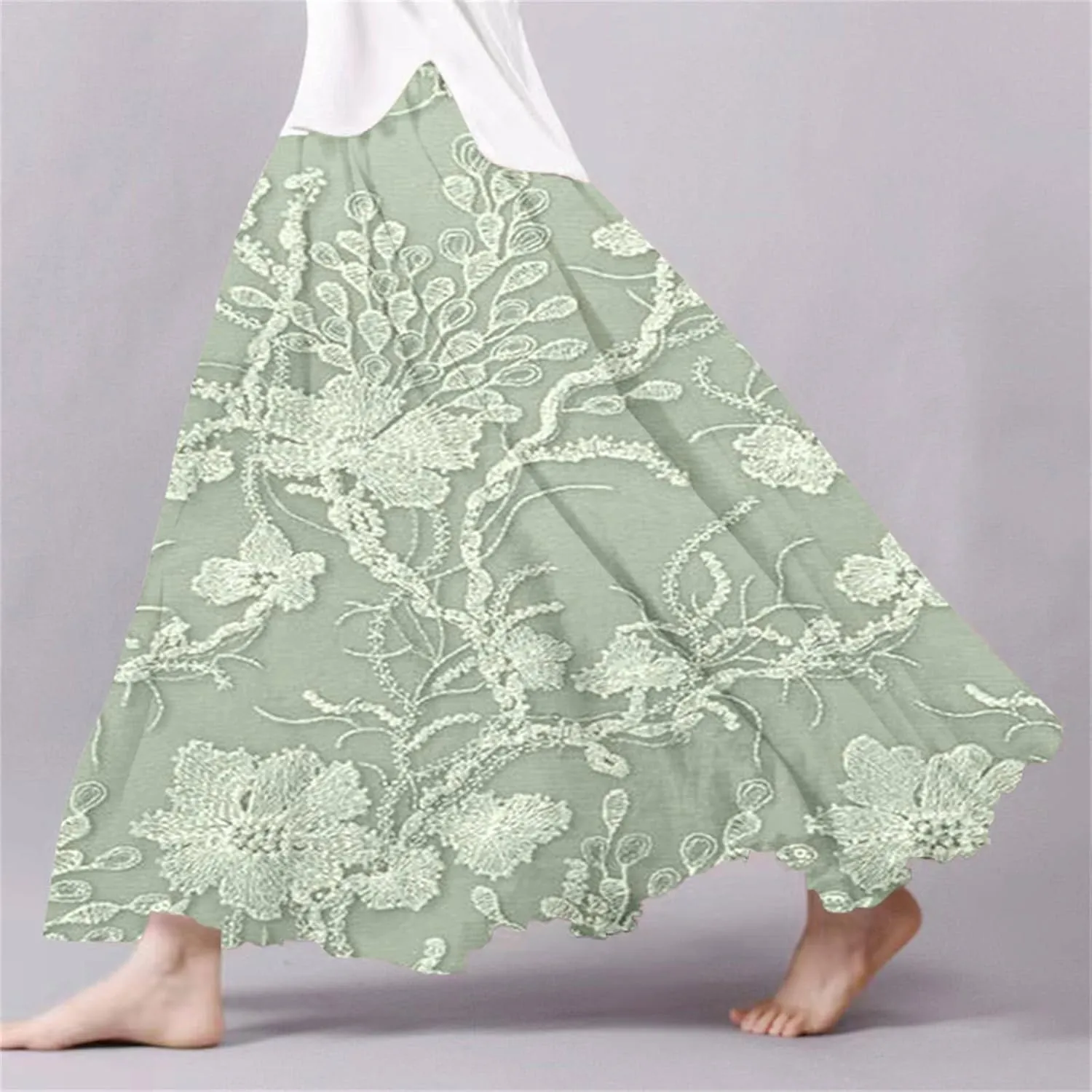 XOWRTE Women's Boho Casual Skirts Summer 2025 Lace Embroidery Elastic Waist Flowy Tiered A-Line Beach Maxi Skirt Swing Cute