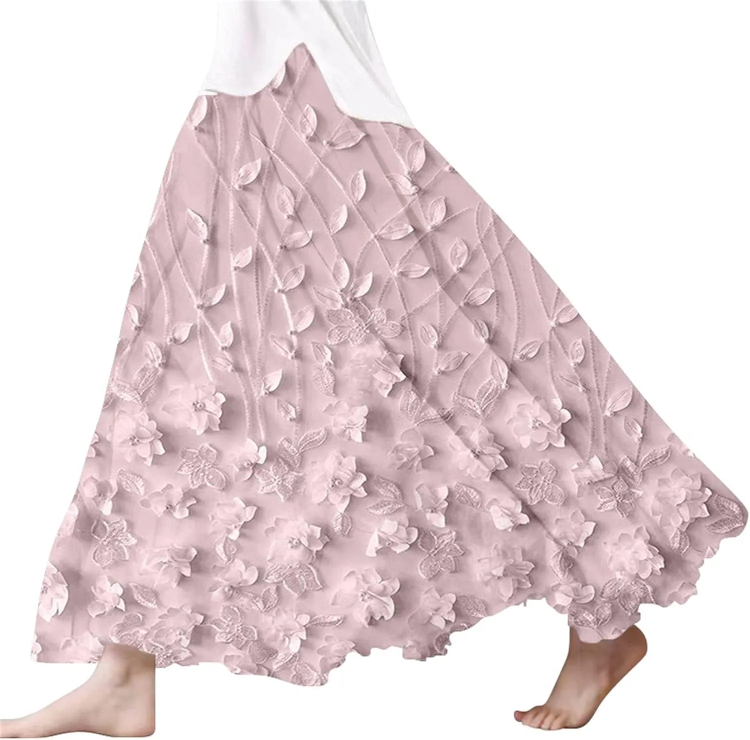 XOWRTE Women's Boho Casual Skirts Summer 2025 Lace Embroidery Elastic Waist Flowy Tiered A-Line Beach Maxi Skirt Swing Cute