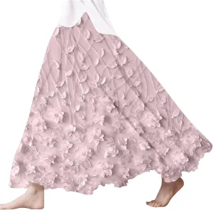 XOWRTE Women's Boho Casual Skirts Summer 2025 Lace Embroidery Elastic Waist Flowy Tiered A-Line Beach Maxi Skirt Swing Cute