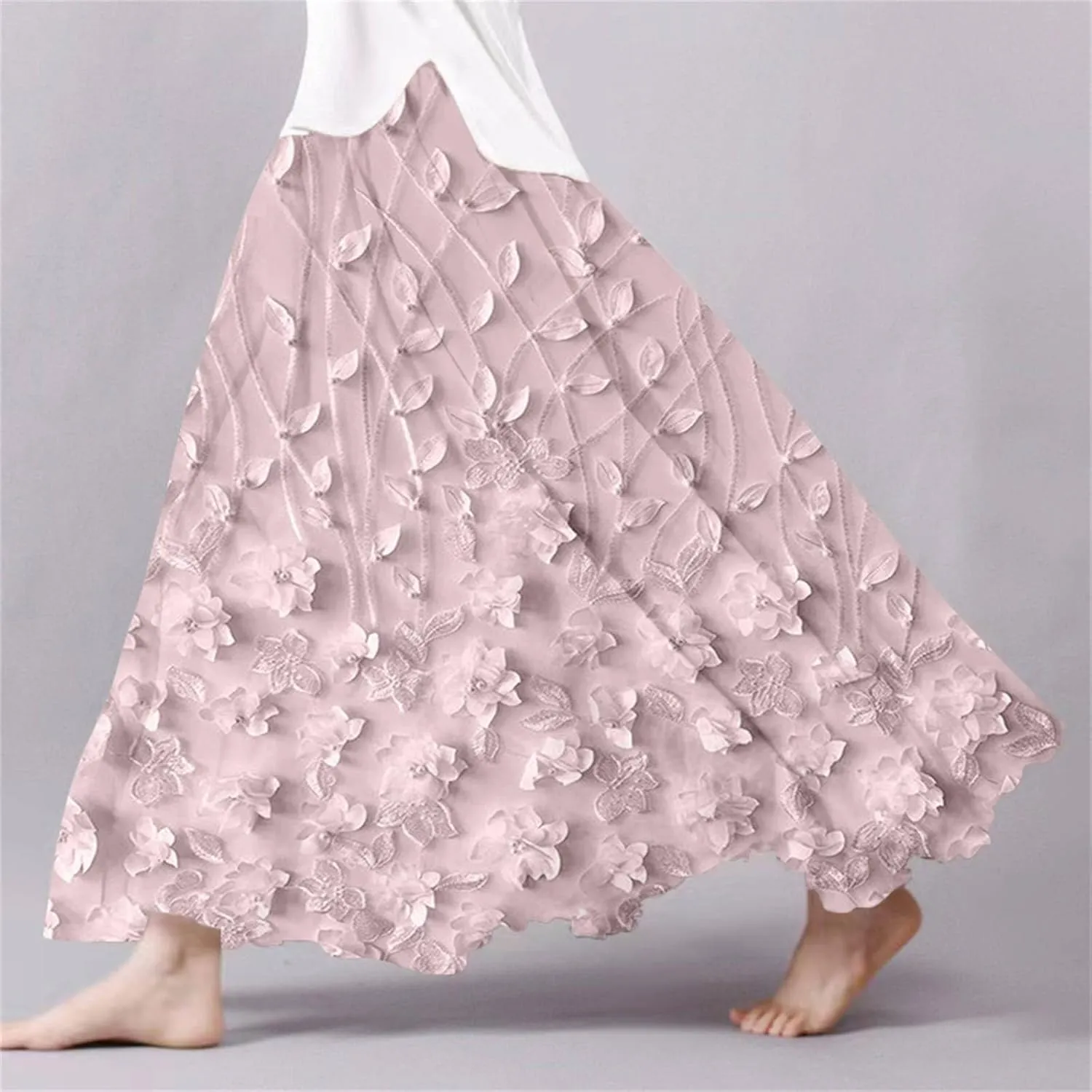 XOWRTE Women's Boho Casual Skirts Summer 2025 Lace Embroidery Elastic Waist Flowy Tiered A-Line Beach Maxi Skirt Swing Cute