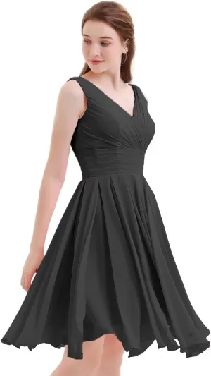 XYAYE V-Neck Ruched Short Bridesmaid Dresses for Women Knee Length Chiffon Pleated Formal Maxi Dresses with Pockets XY040