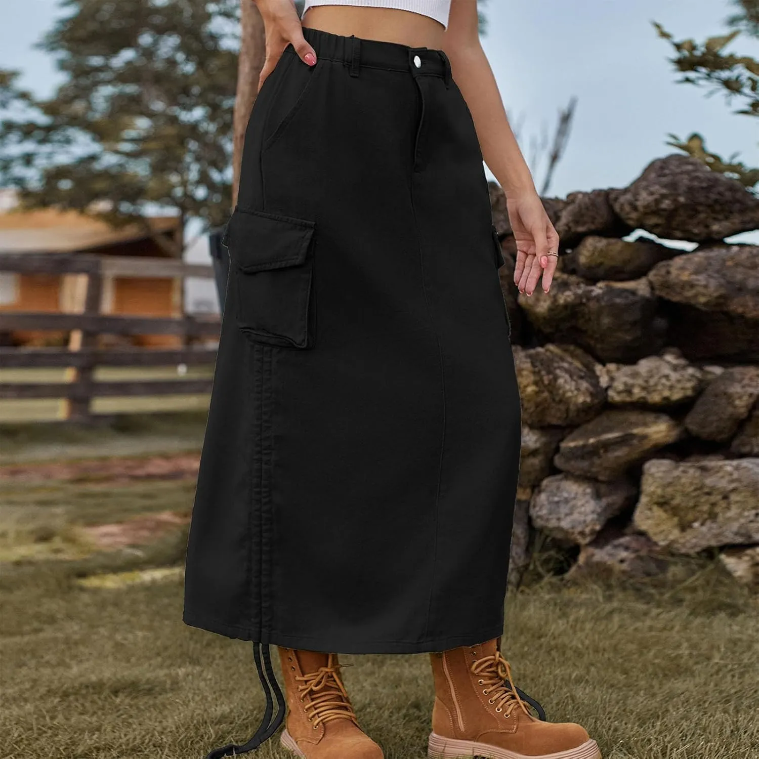 Y2k Cargo Denim Long Skirts for Women - Trendy High Waisted Vintage Split Side Drawstring Midi Skirt with Flap Pockets